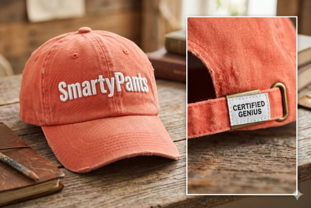 A coral SmartyPants cap with a certified genius strap label