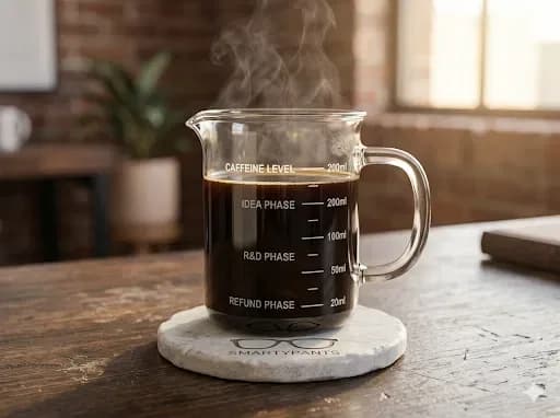 A SmartyPants beaker mug marked with caffeine level, idea phase, R&D phase and refund phase