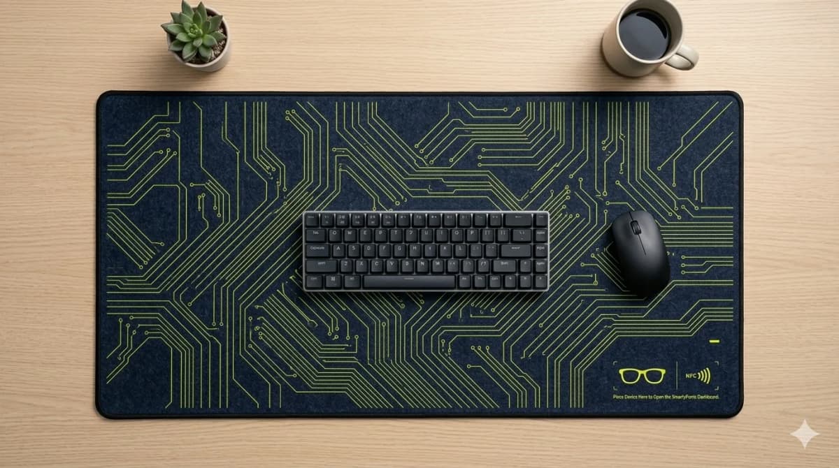 A SmartyPants circuit-board desk mat with an NFC tap point that opens the dashboard