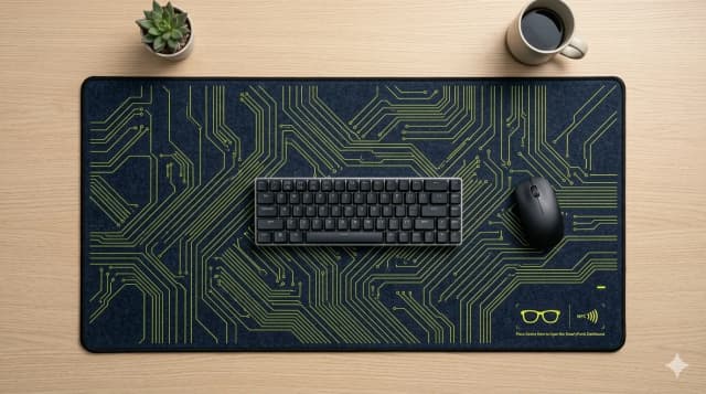 A SmartyPants circuit-board desk mat with an NFC glasses tap point