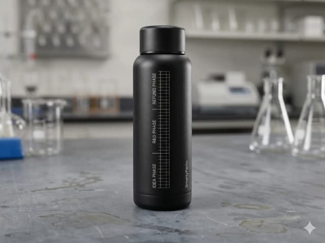 A matte black SmartyPants drink bottle marked with idea phase, R&D phase and refund phase