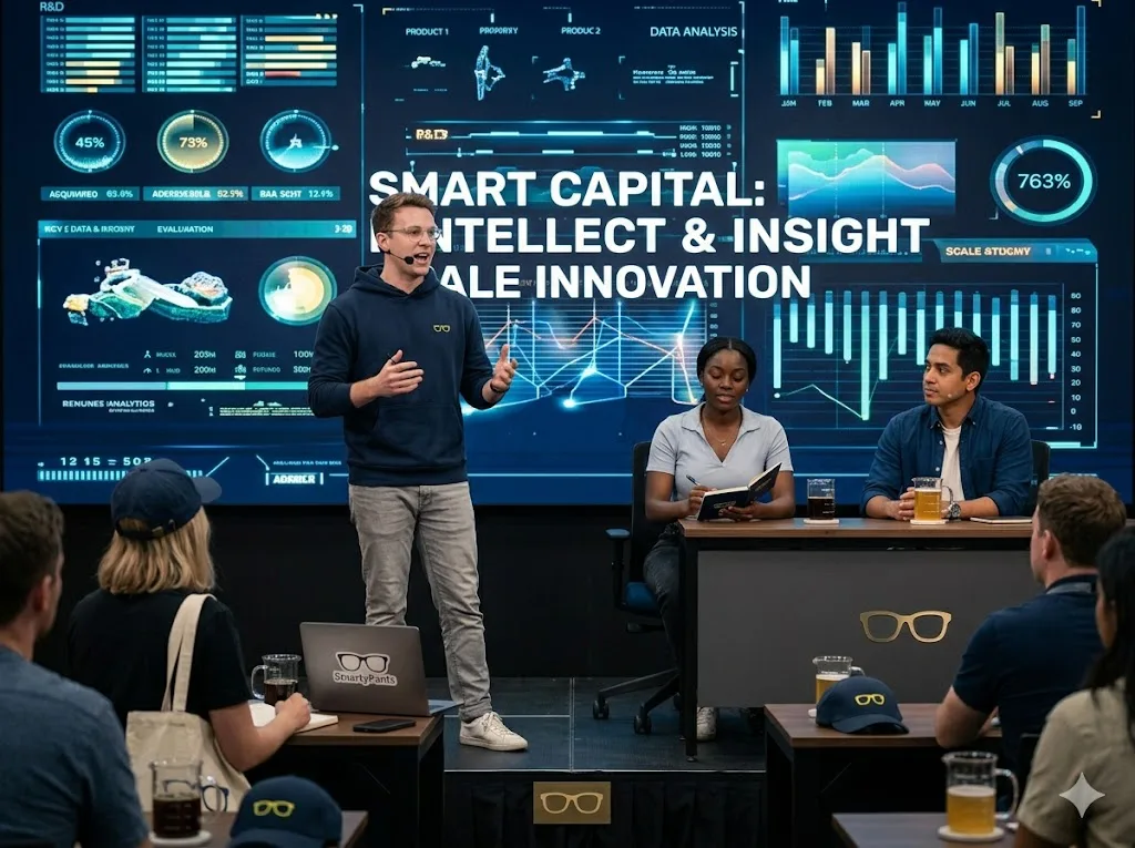 A SmartyPants founder briefing: a presenter on stage in front of a large R&D data wall, with an audience in SmartyPants caps and totes