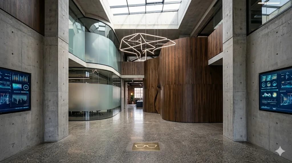 The SmartyPants headquarters lobby: polished concrete, timber pods, live data screens and the glasses mark inlaid in the floor