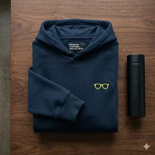 A navy SmartyPants hoodie with the glasses logo and a label reading warning: contains high-IQ ideas