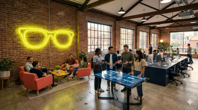 The SmartyPants studio with a neon glasses sign and the team around a data table