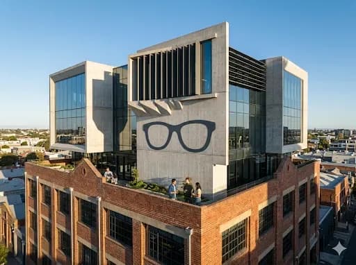 The SmartyPants office building with the glasses logo on its facade