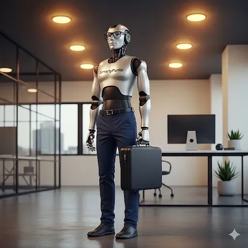 SmartyPants humanoid robot in a modern office, wearing glasses and a business shirt, holding a briefcase