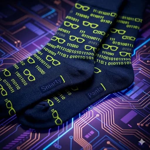 SmartyPants branded socks patterned with glasses and binary code