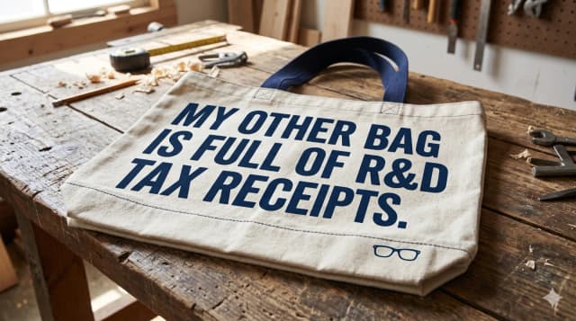 A canvas SmartyPants tote bag reading my other bag is full of R&D tax receipts