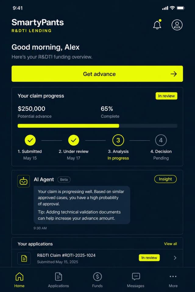 The SmartyPants mobile app showing a founder's R&DTI claim progress, potential advance and AI agent insights